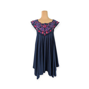 FREE PEOPLE Babydoll Dress S Embroidered Floral Crewelwork Navy flowy